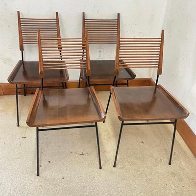 Sale Photo Thumbnail #14: Wear marks on seat, varnish is coming off, paint is chipping off wrought iron legs
Each measure: 33.5" high x 17" deep x 18.25" wide