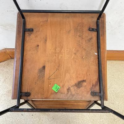 Sale Photo Thumbnail #2: Wear marks on seat, varnish is coming off, paint is chipping off wrought iron legs
Each measure: 33.5" high x 17" deep x 18.25" wide