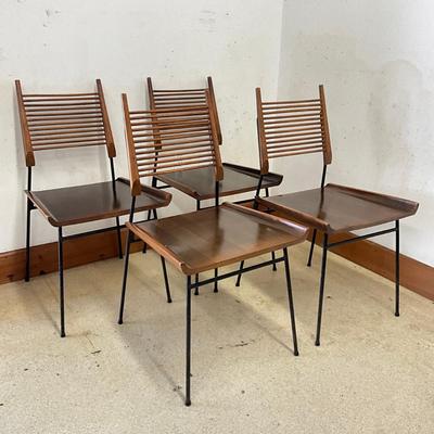 Sale Photo Thumbnail #15: Wear marks on seat, varnish is coming off, paint is chipping off wrought iron legs
Each measure: 33.5" high x 17" deep x 18.25" wide