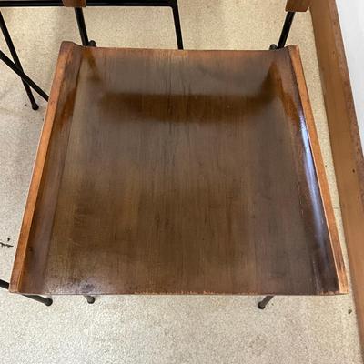 Sale Photo Thumbnail #8: Wear marks on seat, varnish is coming off, paint is chipping off wrought iron legs
Each measure: 33.5" high x 17" deep x 18.25" wide