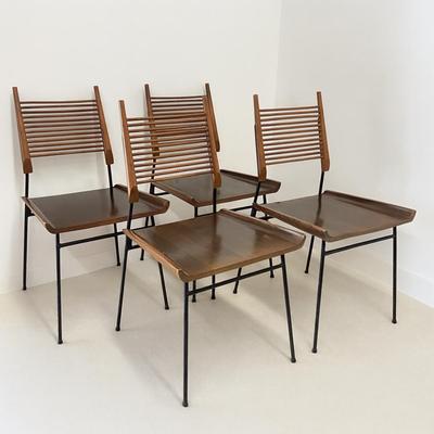 Sale Photo Thumbnail #16: Wear marks on seat, varnish is coming off, paint is chipping off wrought iron legs
Each measure: 33.5" high x 17" deep x 18.25" wide
