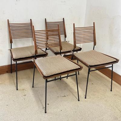 Sale Photo Thumbnail #13: Wear marks on seat, varnish is coming off, paint is chipping off wrought iron legs
Each measure: 33.5" high x 17" deep x 18.25" wide