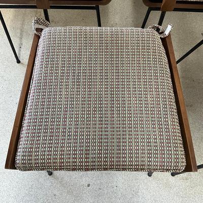 Sale Photo Thumbnail #12: Wear marks on seat, varnish is coming off, paint is chipping off wrought iron legs
Each measure: 33.5" high x 17" deep x 18.25" wide