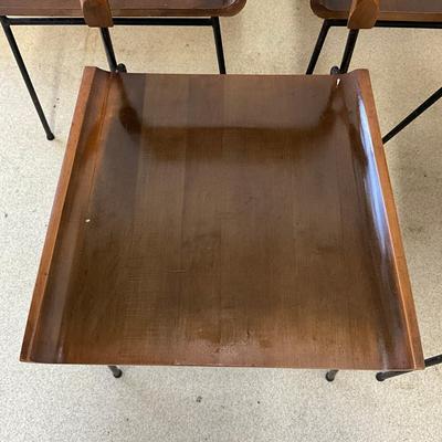 Sale Photo Thumbnail #9: Wear marks on seat, varnish is coming off, paint is chipping off wrought iron legs
Each measure: 33.5" high x 17" deep x 18.25" wide
