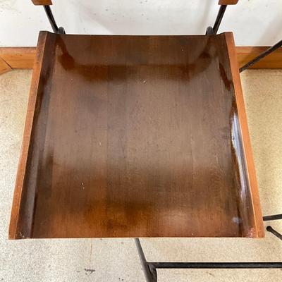 Sale Photo Thumbnail #11: Wear marks on seat, varnish is coming off, paint is chipping off wrought iron legs
Each measure: 33.5" high x 17" deep x 18.25" wide