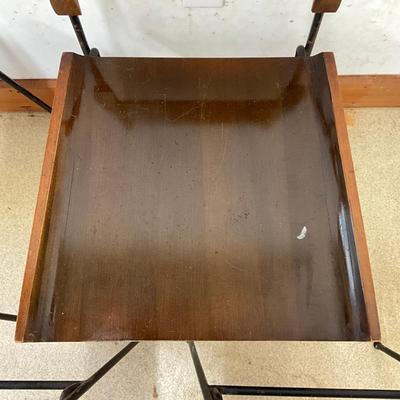 Sale Photo Thumbnail #10: Wear marks on seat, varnish is coming off, paint is chipping off wrought iron legs
Each measure: 33.5" high x 17" deep x 18.25" wide