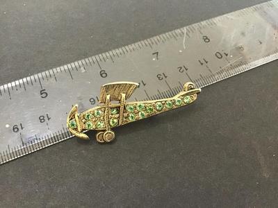 Green Rhinestone Airplane Brooch