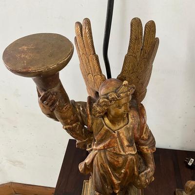 Sale Photo Thumbnail #109: Originally candle holders
Leg, wing and candle holder top have had repairs (see photos)
Both measure: 40" high x 9.25" square base
double light at top 
no shades