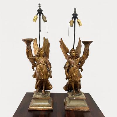 Sale Photo Thumbnail #114: Originally candle holders
Leg, wing and candle holder top have had repairs (see photos)
Both measure: 40" high x 9.25" square base
double light at top 
no shades