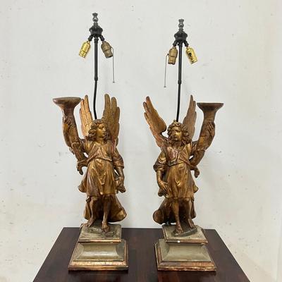 Sale Photo Thumbnail #113: Originally candle holders
Leg, wing and candle holder top have had repairs (see photos)
Both measure: 40" high x 9.25" square base
double light at top 
no shades