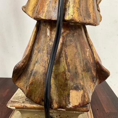 Sale Photo Thumbnail #102: Originally candle holders
Leg, wing and candle holder top have had repairs (see photos)
Both measure: 40" high x 9.25" square base
double light at top 
no shades