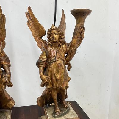 Sale Photo Thumbnail #112: Originally candle holders
Leg, wing and candle holder top have had repairs (see photos)
Both measure: 40" high x 9.25" square base
double light at top 
no shades