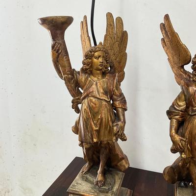 Sale Photo Thumbnail #111: Originally candle holders
Leg, wing and candle holder top have had repairs (see photos)
Both measure: 40" high x 9.25" square base
double light at top 
no shades