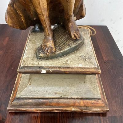 Sale Photo Thumbnail #107: Originally candle holders
Leg, wing and candle holder top have had repairs (see photos)
Both measure: 40" high x 9.25" square base
double light at top 
no shades
