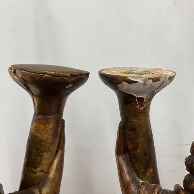 Sale Photo Thumbnail #104: Originally candle holders
Leg, wing and candle holder top have had repairs (see photos)
Both measure: 40" high x 9.25" square base
double light at top 
no shades