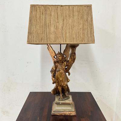 Sale Photo Thumbnail #99: Originally candle holders
Leg, wing and candle holder top have had repairs (see photos)
Both measure: 40" high x 9.25" square base
double light at top 
no shades