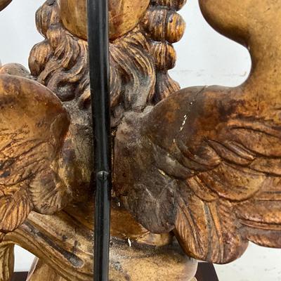 Sale Photo Thumbnail #101: Originally candle holders
Leg, wing and candle holder top have had repairs (see photos)
Both measure: 40" high x 9.25" square base
double light at top 
no shades
