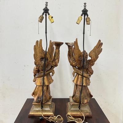 Sale Photo Thumbnail #103: Originally candle holders
Leg, wing and candle holder top have had repairs (see photos)
Both measure: 40" high x 9.25" square base
double light at top 
no shades