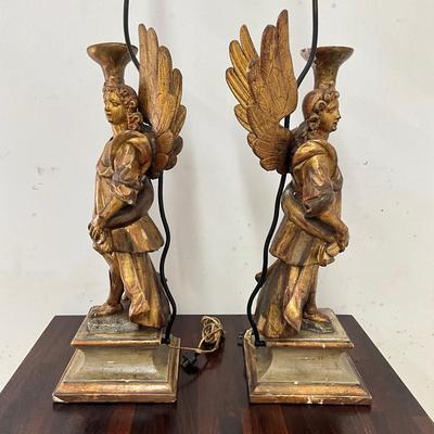 Sale Photo Thumbnail #105: Originally candle holders
Leg, wing and candle holder top have had repairs (see photos)
Both measure: 40" high x 9.25" square base
double light at top 
no shades