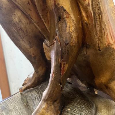 Sale Photo Thumbnail #106: Originally candle holders
Leg, wing and candle holder top have had repairs (see photos)
Both measure: 40" high x 9.25" square base
double light at top 
no shades