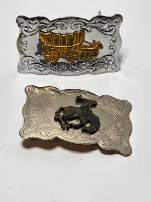 Set of 2 western belt buckles - Bucking Bronc, Wyoming belt buckle = Covered Wagon Belt Buckle Cowboy Pioneer Western Wear Old West