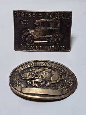 2 Belt buckles - Vintage Boar Hog Pride, Integrity & Guts with Ribbon Solid Brass Buckle & Vintage Ford “There’s A Ford in Your...