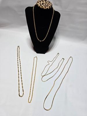 Six gold toned necklace chains - braided and thick chain