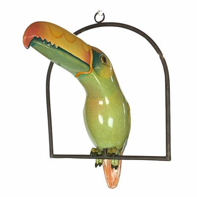 Sale Photo Thumbnail #190: Made of thick heavy papier-mâché with thick gloss and paint placed on copper perch 
Estimated $1200-$2000
measures 32" high from beak to tail 
body width is 9" 
body depth is 23" (beak to body)
perch is 22.5" wide x 26.5" high (copper) 
bottom of tail h