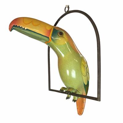 Sale Photo Thumbnail #189: Made of thick heavy papier-mâché with thick gloss and paint placed on copper perch 
Estimated $1200-$2000
measures 32" high from beak to tail 
body width is 9" 
body depth is 23" (beak to body)
perch is 22.5" wide x 26.5" high (copper) 
bottom of tail h