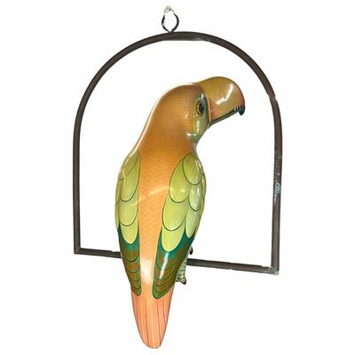 Sale Photo Thumbnail #192: Made of thick heavy papier-mâché with thick gloss and paint placed on copper perch 
Estimated $1200-$2000
measures 32" high from beak to tail 
body width is 9" 
body depth is 23" (beak to body)
perch is 22.5" wide x 26.5" high (copper) 
bottom of tail h