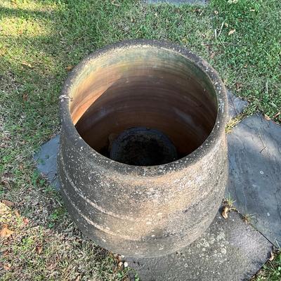 Sale Photo Thumbnail #220: Planter has natural patina 
bottom is opening, please refer to photo
Measures: 2'7" high x 28" diameter