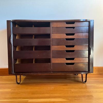 Sale Photo Thumbnail #316: Comes with spare feet
Has few scratches on top please refer to photos
Twelve drawers. Big scratch on left side
Left side track has small derailing
Measures: 48" wide x 21.5" deep x 36" high