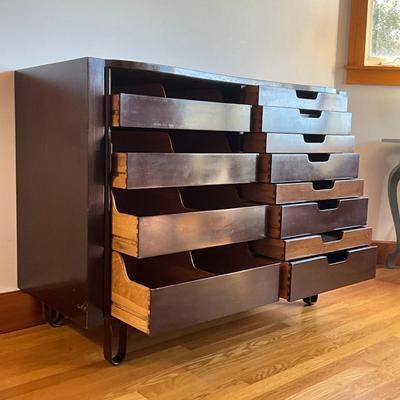 Sale Photo Thumbnail #312: Comes with spare feet
Has few scratches on top please refer to photos
Twelve drawers. Big scratch on left side
Left side track has small derailing
Measures: 48" wide x 21.5" deep x 36" high