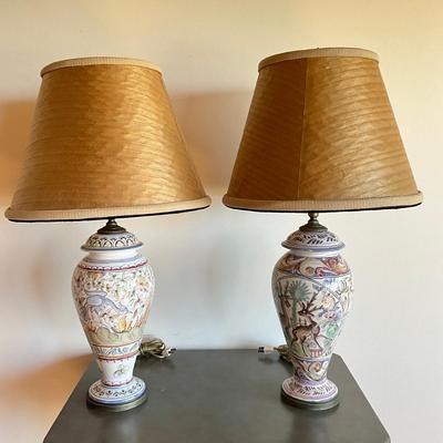 Sale Photo Thumbnail #334: One was repaired from large break, see photos
Both measure: 29" high x 7" wide, shade: 15.5" diameter