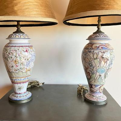 Sale Photo Thumbnail #336: One was repaired from large break, see photos
Both measure: 29" high x 7" wide, shade: 15.5" diameter