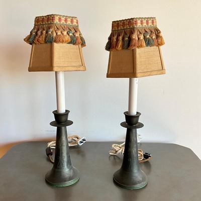 Sale Photo Thumbnail #344: Has candlestick design, tassel lamp shades
14”H
with floral art nouveau design