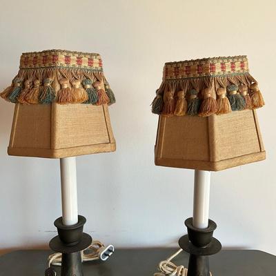 Sale Photo Thumbnail #346: Has candlestick design, tassel lamp shades
14”H
with floral art nouveau design