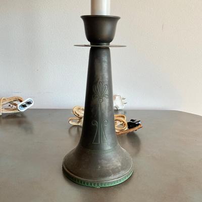 Sale Photo Thumbnail #347: Has candlestick design, tassel lamp shades
14”H
with floral art nouveau design