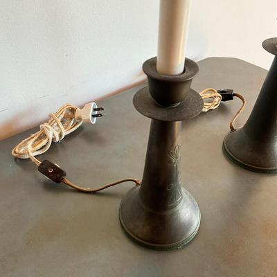 Sale Photo Thumbnail #345: Has candlestick design, tassel lamp shades
14”H
with floral art nouveau design