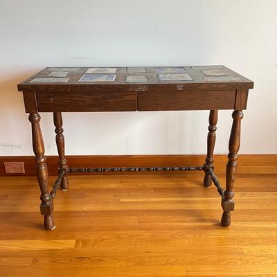 Sale Photo Thumbnail #374: Varnish on top of table is coming off, spindle stretcher 
Measures: 38" wide x 18" deep x 29" high