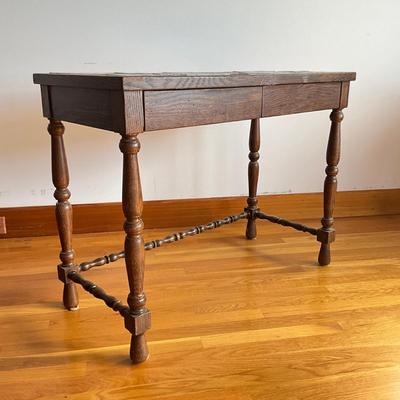 Sale Photo Thumbnail #378: Varnish on top of table is coming off, spindle stretcher 
Measures: 38" wide x 18" deep x 29" high