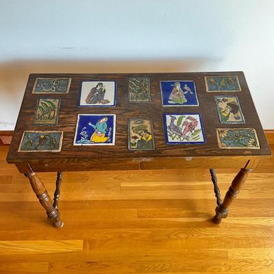 Sale Photo Thumbnail #379: Varnish on top of table is coming off, spindle stretcher 
Measures: 38" wide x 18" deep x 29" high