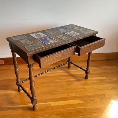 Sale Photo Thumbnail #377: Varnish on top of table is coming off, spindle stretcher 
Measures: 38" wide x 18" deep x 29" high