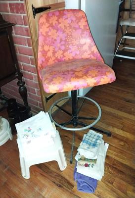 RETRO BARSTOOL-KITCHEN TOWELS AND PLASTIC STEP