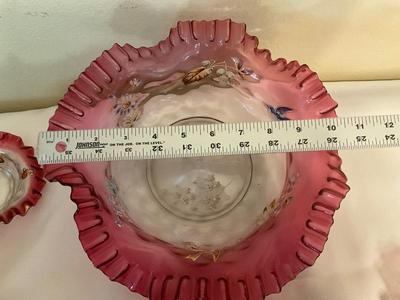 Sale Photo Thumbnail #86: Painted Art Cranberry brides bowl with dessert dishes
1 dish does have a raw edge size 1/4 in.