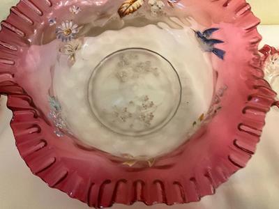 Sale Photo Thumbnail #85: Painted Art Cranberry brides bowl with dessert dishes
1 dish does have a raw edge size 1/4 in.