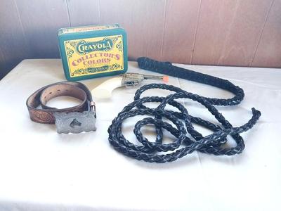 CAPGUN-LEATHER WHIP-KIDS BELT AND BUCKLE AND COLLECTERS CRAYONS