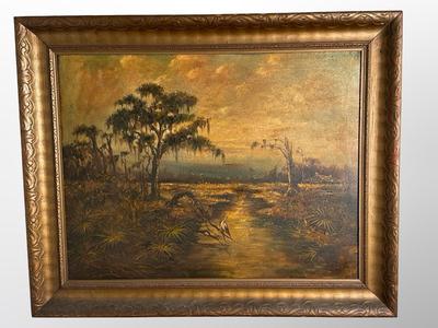 Vintage Louisiana Swamp Landscape Painting in Gilt Frame