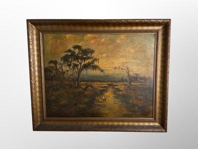 Vintage Louisiana Swamp Landscape Painting in Gilt Frame