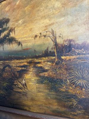 Vintage Louisiana Swamp Landscape Painting in Gilt Frame